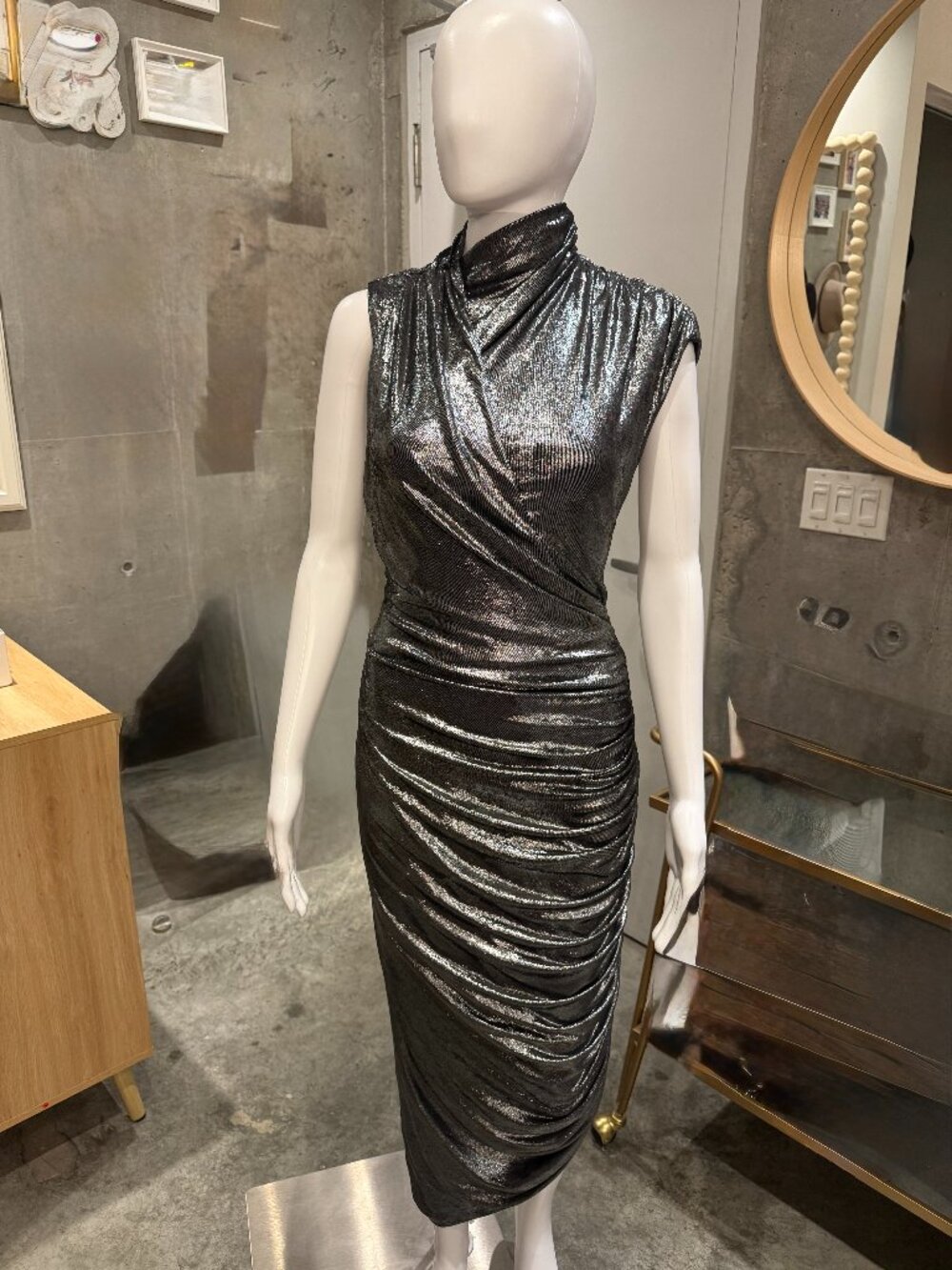 MISHA Chase Dress Metallic Silver Ruched High Neck Midi Cocktail